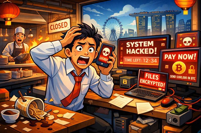 Cartoon illustration of a Singapore restaurant ransomware attack with a panicked operations manager and hacked systems