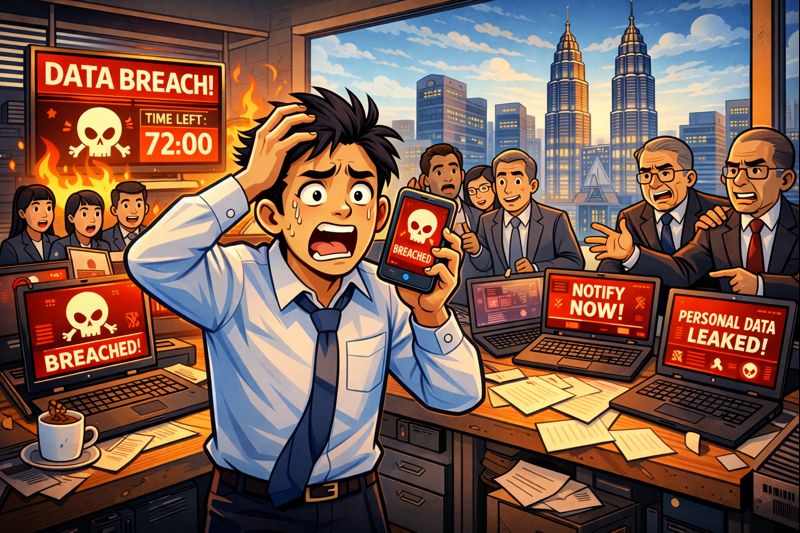 Malaysia Data Breach Crisis Under PDPA Cartoon illustration of a Malaysian company data breach with a stressed CTO facing stakeholder pressure at KL Twin Towers